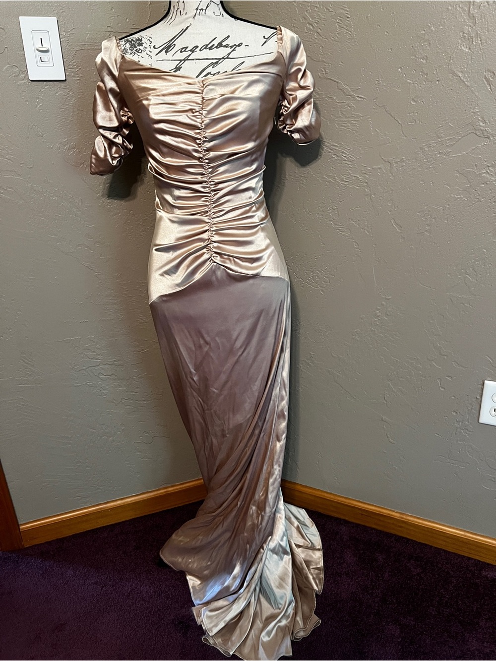 Champagne-colored Jessiva McClintock silk maxi dress